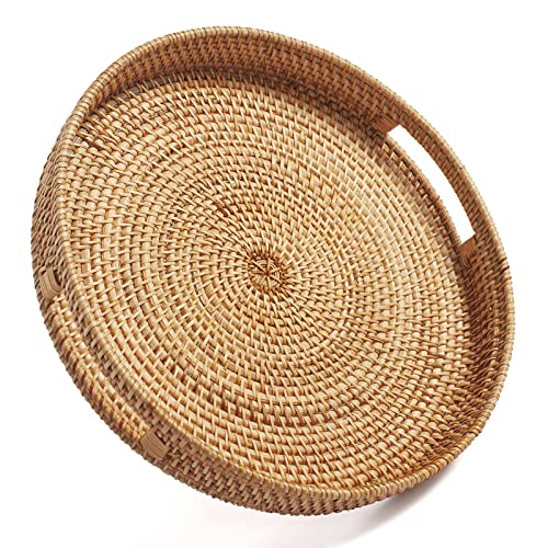 Round Rattan Serving Tray Decorative Woven Ottoman Trays with Handles for Coffee Table Natural (Small 11.8 inch x 2 inch) - color: Natural, size: 11.8"