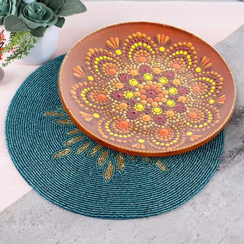 ALPHA Living HOME Beaded Table Mat, 13" Round, Gold Teal - color: Gold Teal, size: Set of 1