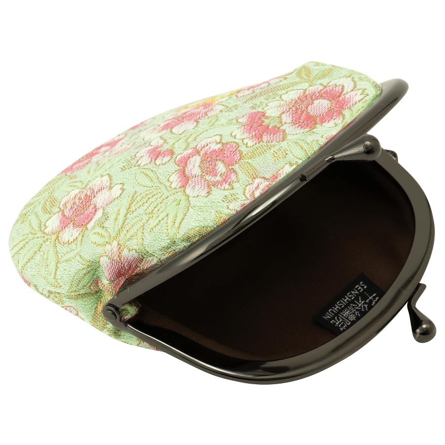Nishijin brocade round clasp purse/coin purse with lining, size L. (Wakababotanzakura) - color: Wakababotanzakura