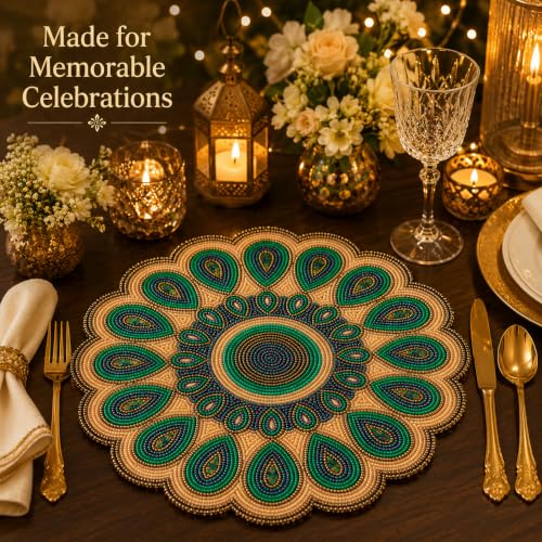 ALPHA Living HOME 13 Inch Round Beaded Placemat, Green Gold Table Decor Mat - color: Golden & Green, size: Set of 1
