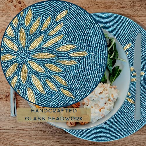 ALPHA Living HOME Beaded Table Mat, 13" Round, Gold Teal - color: Gold Teal, size: Set of 1
