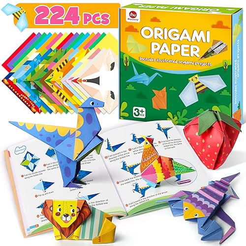 Mocoosy 224 Sheets Origami Paper Kit for Kids Ages 5-8 8-12, Folding Paper Set with Origami Book for Beginners, Art Craft Supplies for Boys Girls 9-12, Travel Game Car Road Trip Activities Toy Gifts - style: Animal/Color Paper