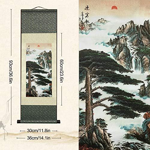 AtfArt Silk Scroll Painting, Asian Wall Art, River Landscape, 36.2x12in - color: A2
