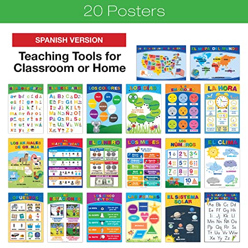 Global Printed Products, 20 Large Educational Posters For Kids (16.5x12 Double Sided English/Spanish) Alphabet Colors Letters Numbers Shapes Months Days Weather Time Animals Solar System Seasons Map
