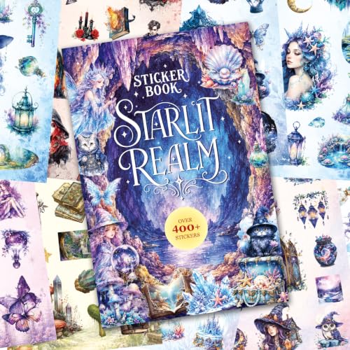 Starlit Realm Fantasy Sticker Book - Waterproof & Repositionable Celestial Decals, Pre-Cut Magical Fairies, Moons & Stars for Scrapbook, Journal & DIY Crafts, No Residue - color: Purple Magic