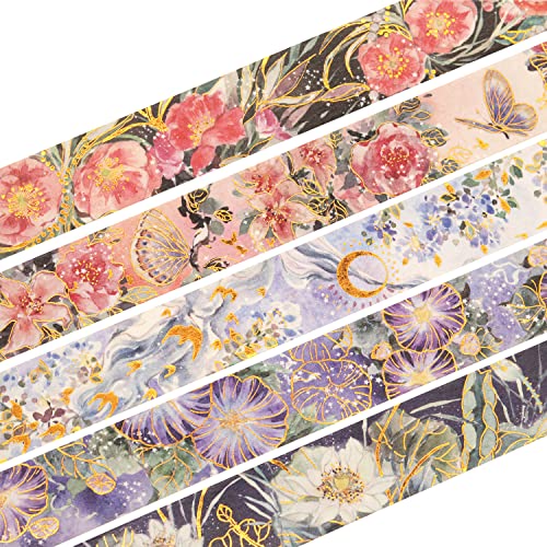 YUBBAEX Blooming Washi Tape Set Gold Foil Masking Tape Peony Wide Decorative for Arts, DIY Crafts, Journal Supplies, Planners, Scrapbook, Card/Gift Wrapping -25mm- (Purple Flowers) - color: Purple Flowers