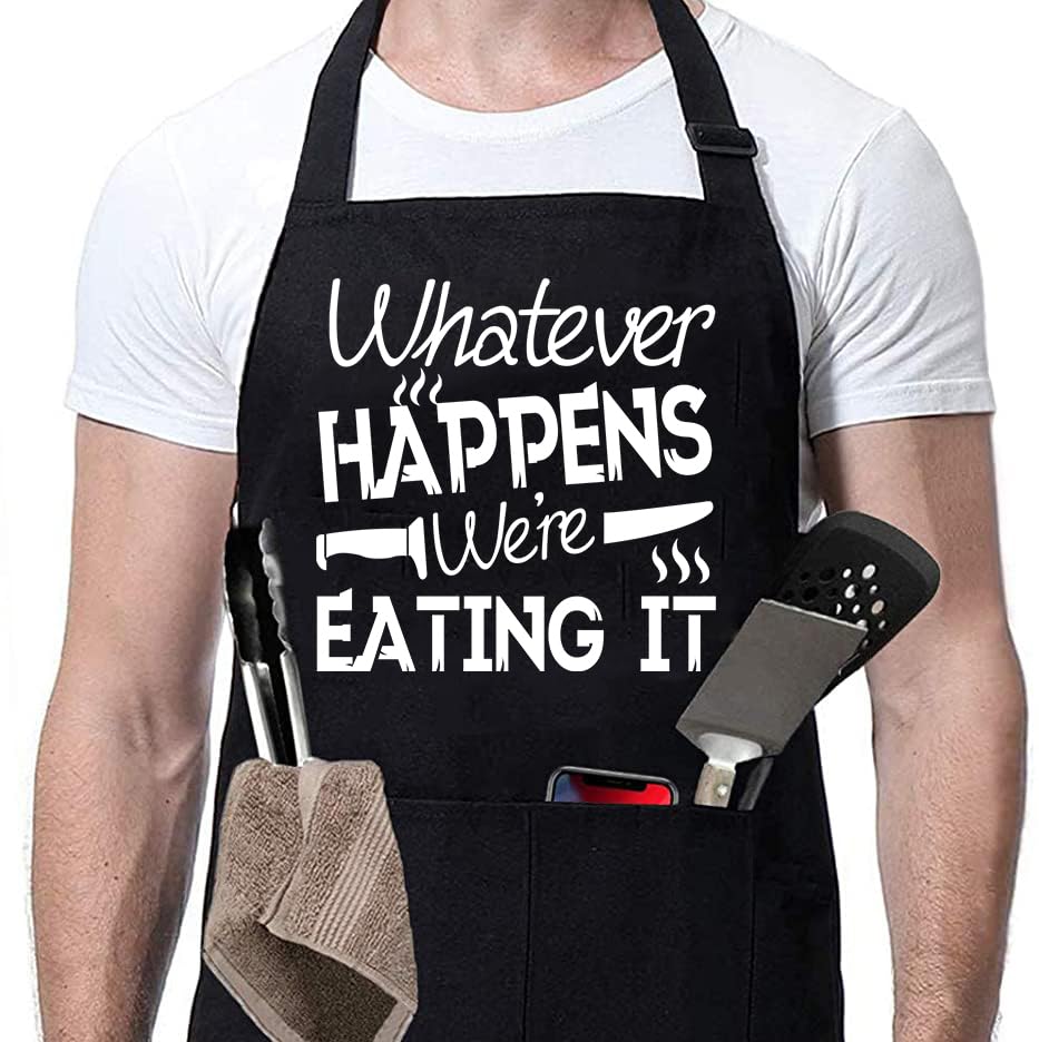 Rosoz Funny BBQ Black Chef Aprons for Men Adjustable Kitchen Cooking Aprons - color: Whatever Happens We're