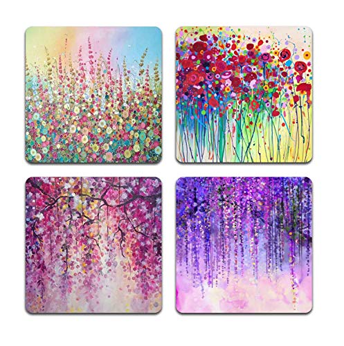 Colorful Watercolor Flowers Square Coaster Set of 4-Made of Recycled Rubber - color: Colorful Watercolor Flowers