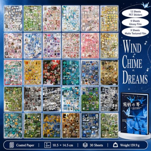 30 Sheets Japanese Aesthetic Sticker Book,Foods Seashells Starfish Patterns for Scrapbooking,Journaling,DIY Crafts Decoration - color: Wind
