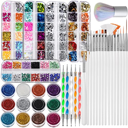 FANDAMEI Nail Art Brushes Kit, Nail Design Tools Set with Dotting Tools, Fine Nail Glitter Butterfly, Glitter Sequins, Foil Flakes, Nail Rhinestones, Dust Brush - color: C-White