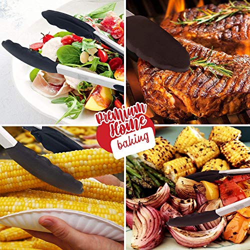 Kitchen Tongs for Cooking with Silicone Tips by Boxiki Kitchen, BPA Free Stainless Steel set of 2 Silicone Tongs for Cooking, Grilling & Toss a Salad, Heat Resistant Grill Tongs for Serving BBQ Food. - color: Black Silicon