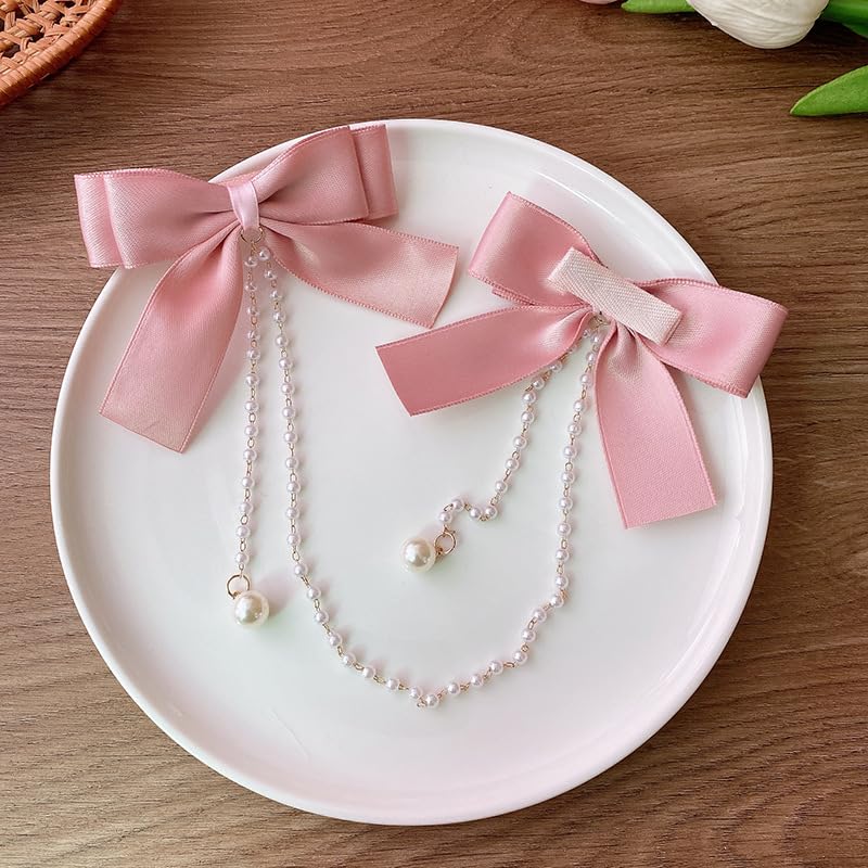 Satin Bow Hair Clips Pearl Tassel Chain Hair Bows Barrettes Pink Bow Claw Clip Hairpins Sweet Bowknot Snap Hair Clip Small Cute Alligator Hair Clips Hair Accessories for Women Girls Toddlers - color: Pink