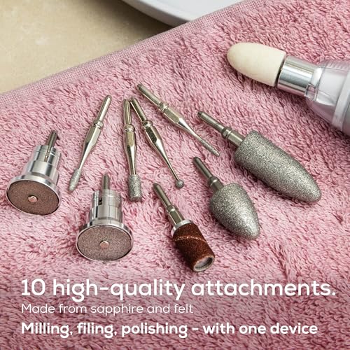 Beurer MP62 Professional Nail Drill Kit, Portable Electric File Machine with 10 Attachments & 10 Sanding Bands, Efile Dremel for Acrylic Gel Manicure and Pedicure, LED Light, with Storage Case - color: White - 10 Attachments