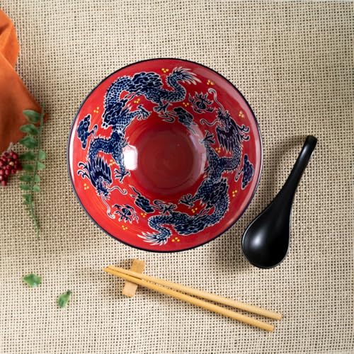 Urban Tokyo 24oz Large Ceramic Ramen Bowl Set with Chopsticks, Spoon & Bamboo Rest – Oriental Japanese Design, Microwave & Dishwasher Safe, Red Dragon - color: Red Dragon