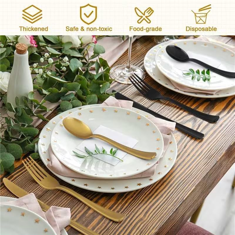 Kochorie 300 PCS Heavy Duty Black and Gold Plastic Silverware Cutlery Set - color: Black and Gold
