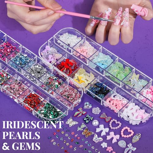FANDAMEI Nail Charms and Nail Brushes, Nail Accessories Kit with 15 Pcs Nail Art Brushes, 6 Box Nail Charms and Gems, 10 Pcs Flower Nail Stickers, 5 Pcs Dotting Tools, Nail Art Kit with Nail Brush - color: pink