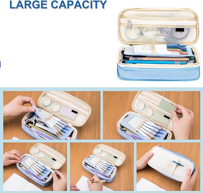 Arnuixty Large Storage Pencil Case Pen Bag with Zipper Big Capacity Pouch Organizer for Office Travel Holder Box (Light Blue) - color: Light Blue
