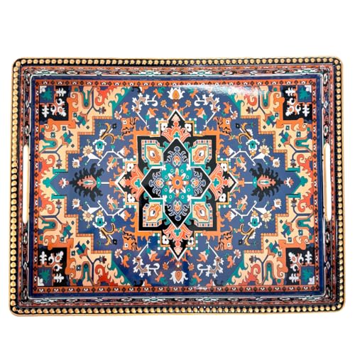 Boho Persian Rug Pattern Serving Tray with Handles, 15.7”x11.8” Rectangular Plastic Decorative Tray (Vintage Blue/Orange/Green) for Coffee Table, Ottoman, Bathroom & Living Room. - color: Brown&blue