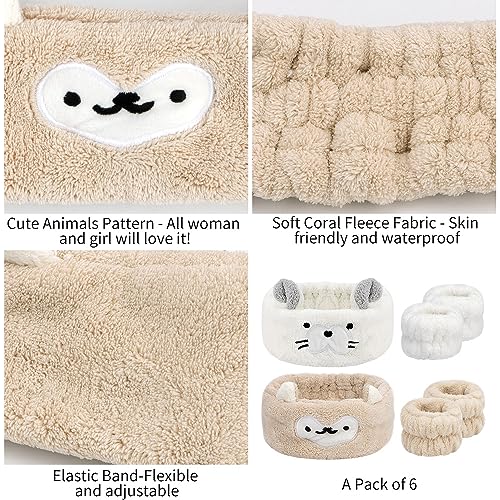 AHONEY Face Wash Headband and Wristband Set, Cute Makeup Spa Skincare Headbands Wrist Bands for Washing Face Headband for Women Girls Elastic Hair Band (White&Khaki) - color: Khaki&White