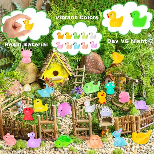 120PCS Luminous Mini Resin Animals 20 Types to Hide Miniature Resin Animals Figures Glow in the Dark Tiny Ducks Owls Frogs Bulk for Micro Landscape Dollhouse Aquarium Potted Fairy Garden DIY Decor - color: 120pcs-animals