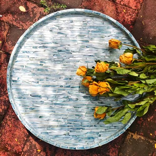 i-lan 17-inch Mother of Pearl Lazy Susan – Blue Brick Pattern Rotating Turntable with Smooth Spin, Large Decorative Tray for Dining Table, Kitchen Cabinet, Countertop & Holiday Gifting