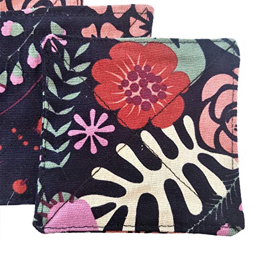 CUSHYSTORE Canvas 2 Layers Coasters Saucers Absorbant Mat Pad Floral Botanical Style Fabric for Glass Cup Drinking 4inche, 6 Pack (Navy Exotic Flowers), Navy Blue - color: Navy Blue