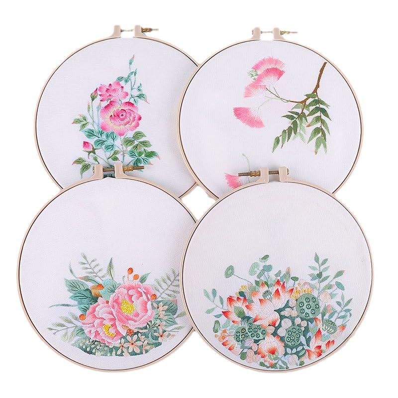 FOXTEMO 4 Sets Embroidery kit for Beginners Adults, 1 Pack 20CM Embroidery Hoops, Adults Starter Cross Stitch Kit DIY Needlepoint Kits