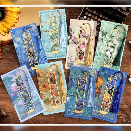 icceemee 8 Pieces of Gold Hollow Bookmarks with Tassels, Featuring Van Gogh and Monet Oil Painting Themes Perfect for Book Lovers, Writers, Readers, Children, Teenagers, Men, Women, and Adults - style: Oil Painting Theme Set of 8