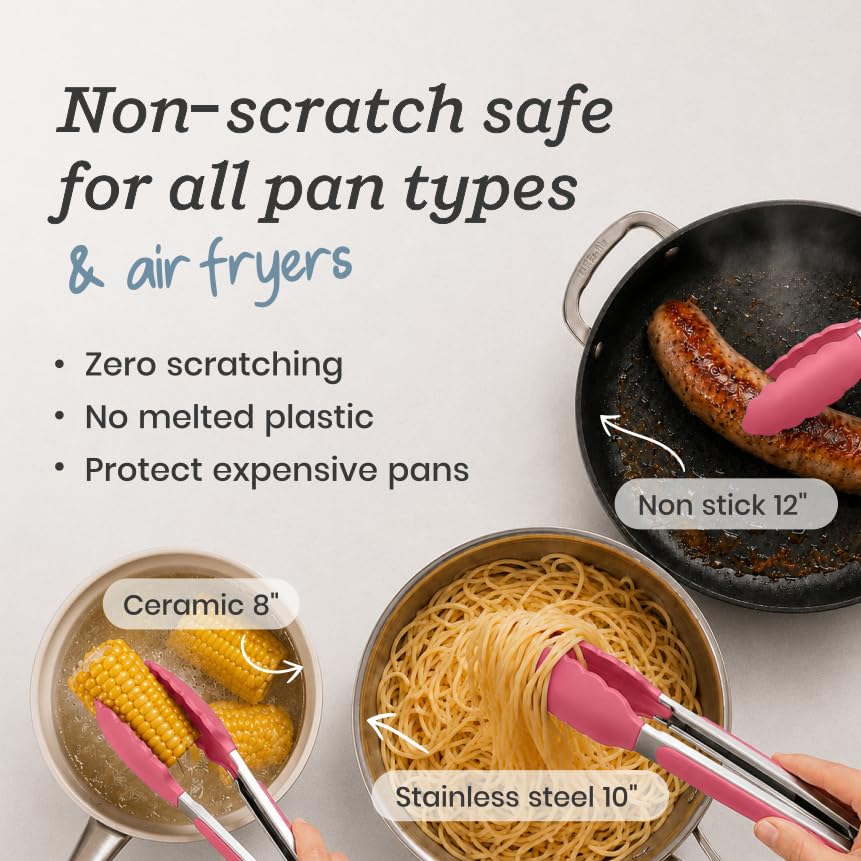 Starpack Get a Grip Silicone Kitchen Tongs (2-Pack, 9" + 12") - LFGB Non Toxic, 600°F Heat Resistant, BPA-Free - Heavy-Duty Stainless Steel, Locking - Dishwasher Safe for Nonstick Cookware - color: Earthy Pink, size: Set of 2 (9" & 12")