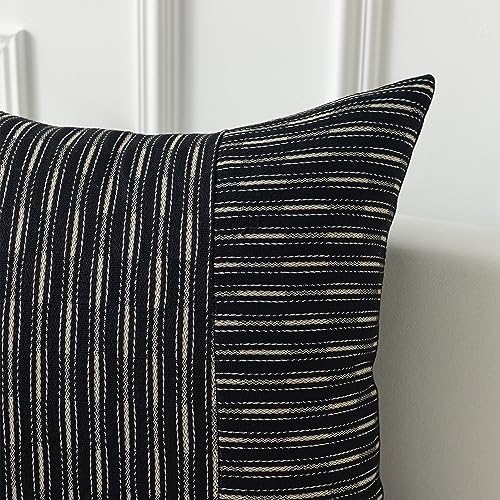Kevin Textile Ink Black and Beige Patchwork Farmhouse Throw Pillow Covers 18 x 18 Inch, Pack of 2 Striped Linen Decorative Pillow Case for Sofa Couch Chair Bedroom Modern Decor - color: Black, size: 18" x 18" (Pack of 2)