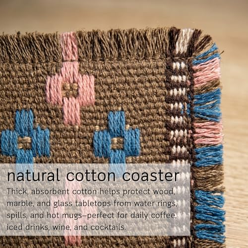 Boho Woven Coasters Set of 6, Absorbent Drink Coasters for Coffee Table, Rustic Farmhouse Table Decor, Southwestern Aesthetic, Handmade Style, Housewarming Gift