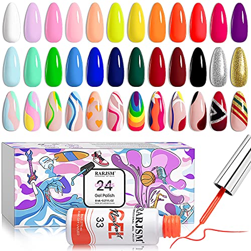 RARJSM Nail Art Gel Liner 24 Color Line Art Painted Gel Nail Polish Set Pink Blue Green Silver Gold Glitter for Nails Painting Drawing Soak Off U V L E D Curing Requires Bulid in Thin Nailart Brush - color: Purple
