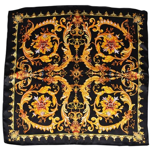 Women 100% Mulberry Silk Neck Scarf 21" Square Floral Neckerchief - color: Black Gold