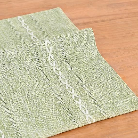 Wracra Cotton Linen Place Mats, Sage Green Embroidered Placemats Set of 6 - color: Hemstitched Sage Green, size: Placemats(Set of 6)