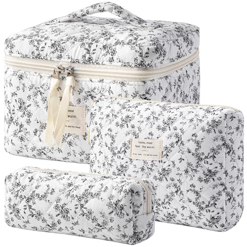 HBselect Quilted Makeup Bag, 3Pcs Cotton Large Travel Makeup Bags Organizer - color: A-3PCS-Floral 39