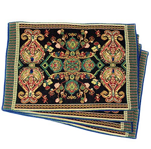 Tache Set of 4 Black & Green Tapestry Placemats – Woven Floral Paisley Medallion, Rococo Baroque Style – Cotton Linen Cloth Table Mats for Dining, Kitchen & Holiday Decor (13" x 19")