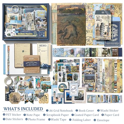 Scrapbook Supplies Kit, Vintage Junk journaling Supplies, Scrapbooking Kit - color: Global Travel