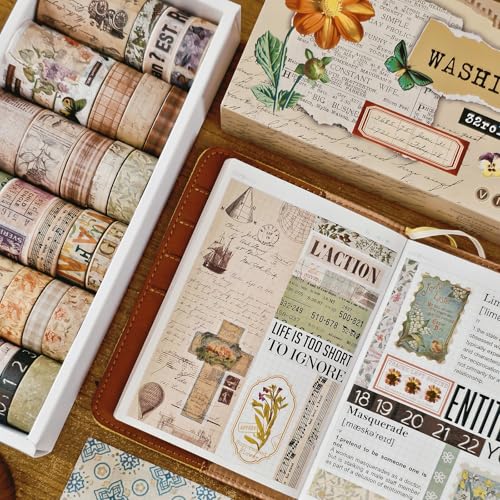32 Rolls Vintage Rainbow Washi Tape Set Aesthetic Decorative scrapbook Tape - color: Brown vintage