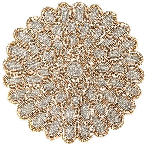 Beaded Placematss - 13” Round Charger Plates Handmade Glass Bead & Polyester Table Mats for Dining & Coffee Tables - Elegant Holiday & Home Décor (Ivory Gold) - ALPHA Living HOME - color: Gold Silver Light, size: Set of 1