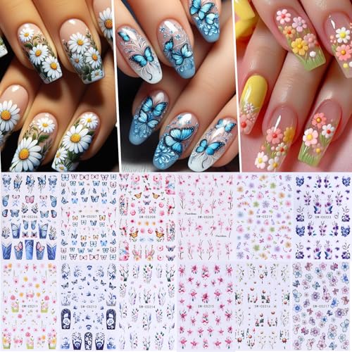 Flower Stickers for Nail Art Decals - 12 Sheets Spring Butterfly Nail Stickers with Tweezers 3D Floral Leaves Plant Nail Art Designs DIY Self Adhesive Daisy Blossom Nail Supplies Decorations - style: Flower Styles