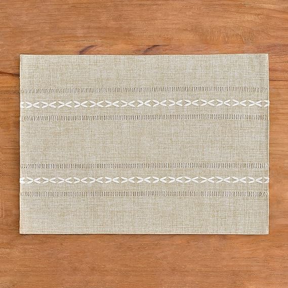 Wracra Cotton Linen Place Mats, Coffee Embroidered Placemats Set of 6 - color: Hemstitched Coffee, size: Placemats(Set of 6)