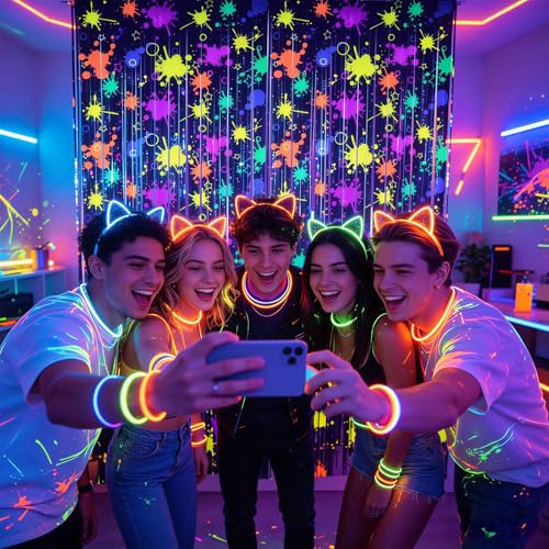 OQOQ Neon Party Decorations Tinsel Curtains Backdrop 2 Pack, 3.3x8.2ft XL - color: Neon Splatter