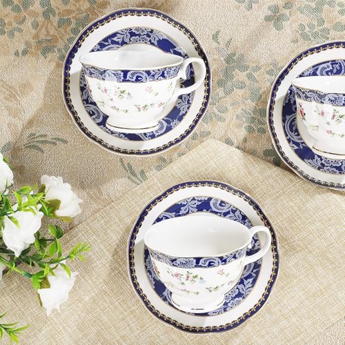 fanquare 21-Piece Blue Lace and Roses Bone China Tea Sets for Adults - color: Blue and Roses