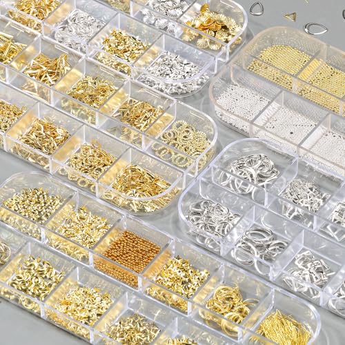 5 Boxes Gold Silver 3D Metal Punk Studs Star Moon Heart Triangle Ring Square Rivet Gems Nail Art Jewels and 4 Sheets Nail Stickers with a Curved Tweezers and a Nail Brush (Gold & Silver) - color: 3-gold & silver