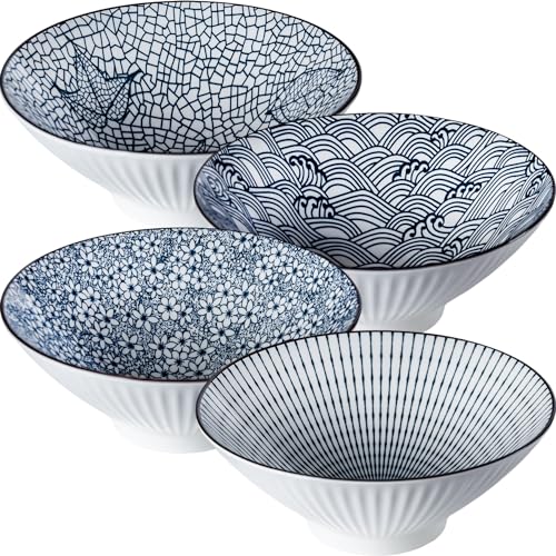 38 oz Japanese Ramen Bowls Set of 4, Large Pho Bowls, 8 Inch Ceramic Blue and White Soup Bowls, Mixing Pattern - color: Mixing Pattern