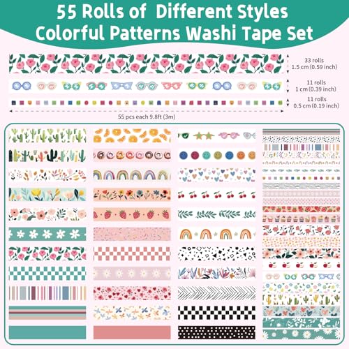 MOOKER 55 Rolls Holiday Washi Tape Set - Decorative Tape Seasonal Bohemian Colored Tape, Cute Washi Tapes for Journaling Supplies, Scrapbooking Supplies kit, Summer Scrapbook Supplies