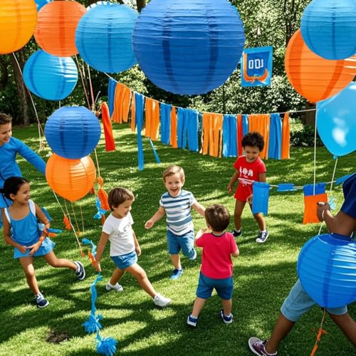 Blue Orange Paper Lanterns Decorative 12pcs Party Hanging Decorations for Party Birthday Bachelorette Wedding Birthday Baby Shower Graduation Anniversary Blue Orange Room Decor - color: navy blue,sky blue,orange,light orange