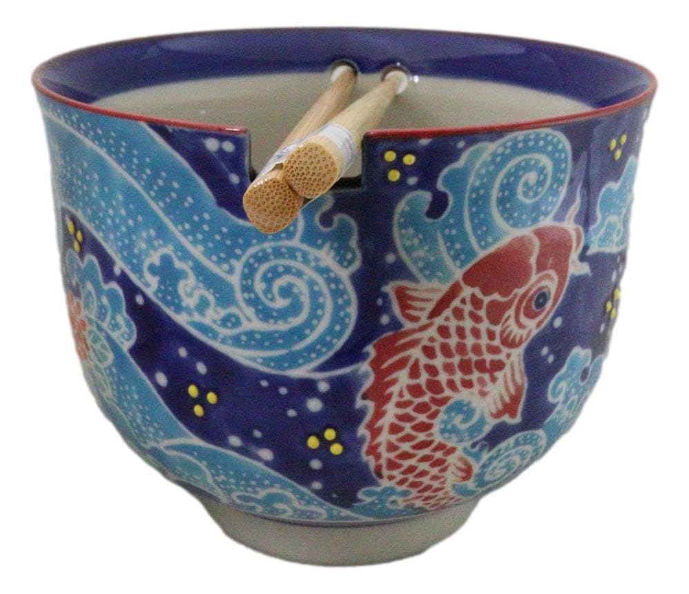 Ebros Gift Artistic Donburi Ramen Udon Noodles Soup Salad 5" D 18Oz Bowl With Bamboo Chopsticks And Built In Rest Set Asian Dining Kitchen Accent (Red Koi Fishes In Blue Waters) - color: Red Koi Fishes In Blue Waters