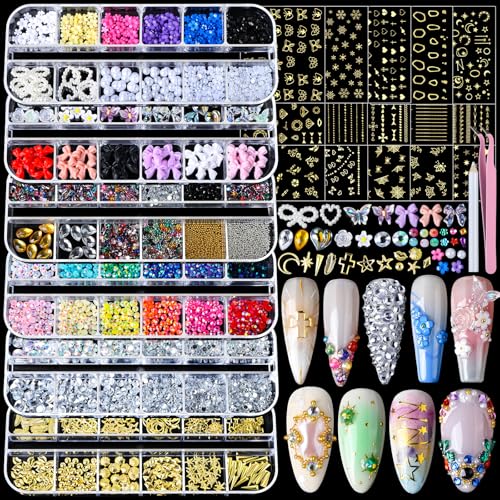 Teenitor Nail Charms Nail Gems with 15 Sheets Gold Nail Stickers, 6 Boxes of Rhinestones for Nails Art Tools, 3D Nail Decals Pearls for Nails - color: Multi-color