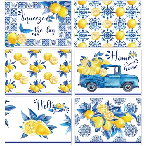 OBUSATT Blue and Yellow Lemons Placemats Set of 6 17×12 Inch Summer Lemon - style: Summer Lemon